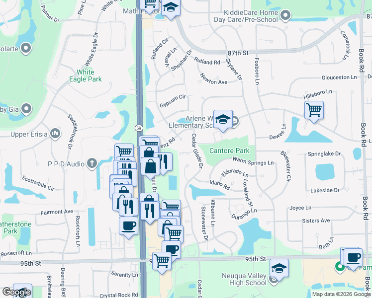 map of restaurants, bars, coffee shops, grocery stores, and more near 2709 Cedar Glade Road in Naperville