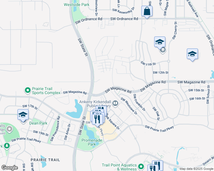 map of restaurants, bars, coffee shops, grocery stores, and more near 1370 Southwest Magazine Road in Ankeny