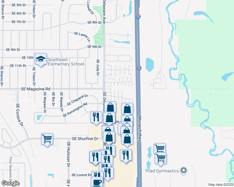 map of restaurants, bars, coffee shops, grocery stores, and more near 1409 Southeast Delaware Avenue in Ankeny