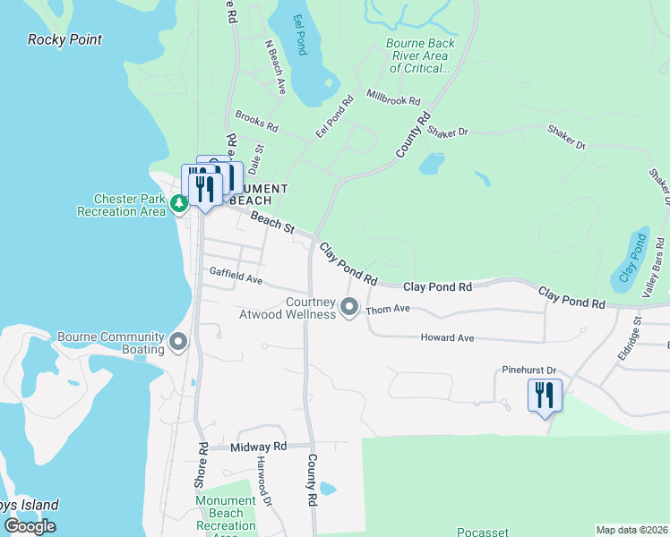 map of restaurants, bars, coffee shops, grocery stores, and more near 8 Clay Pond Road in Bourne