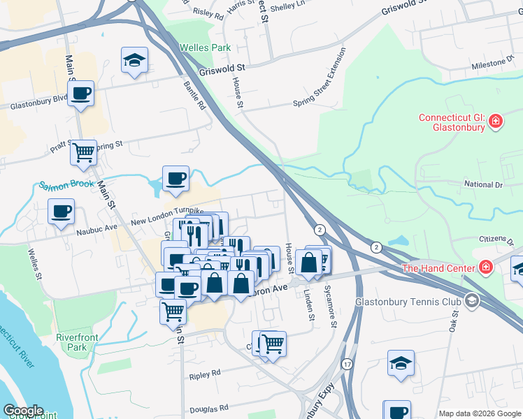 map of restaurants, bars, coffee shops, grocery stores, and more near 81 House Street in Glastonbury