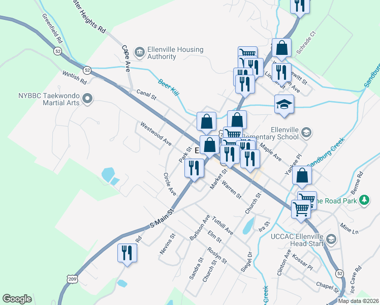 map of restaurants, bars, coffee shops, grocery stores, and more near 14 Warren Street in Ellenville