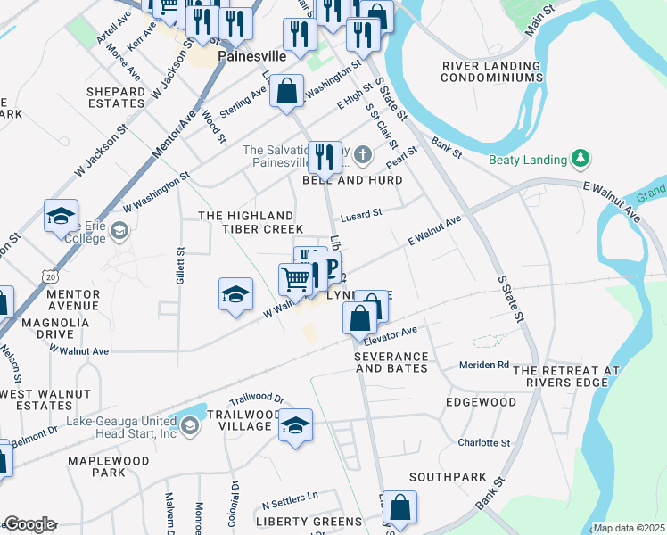 map of restaurants, bars, coffee shops, grocery stores, and more near 442 Liberty Street in Painesville