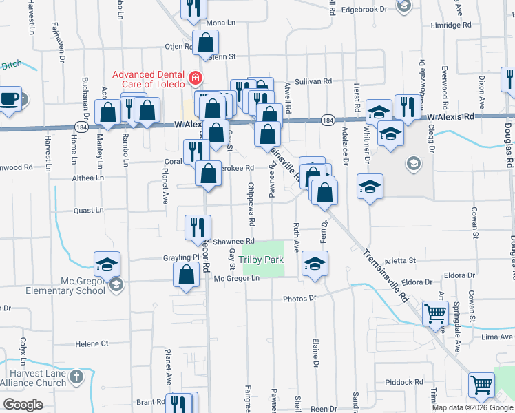 map of restaurants, bars, coffee shops, grocery stores, and more near 5534 Chippewa Road in Toledo
