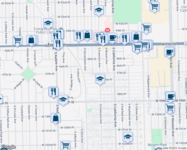 map of restaurants, bars, coffee shops, grocery stores, and more near 2940 West 97th Place in Evergreen Park