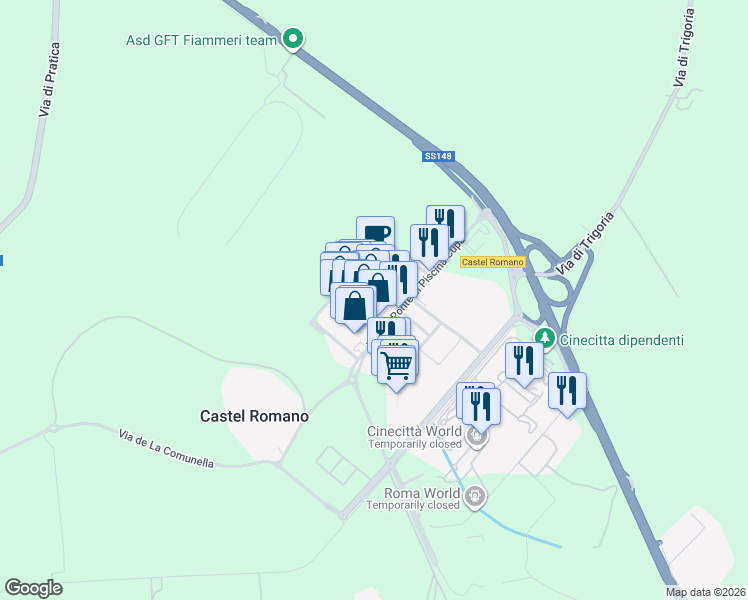 map of restaurants, bars, coffee shops, grocery stores, and more near 64 Via del Ponte di Piscina Cupa in Roma