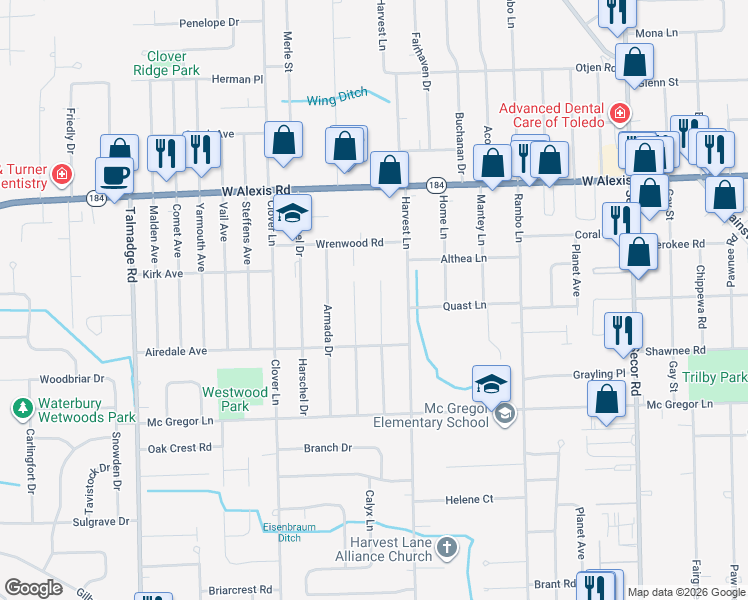 map of restaurants, bars, coffee shops, grocery stores, and more near 5564 Bannockburn Drive in Toledo