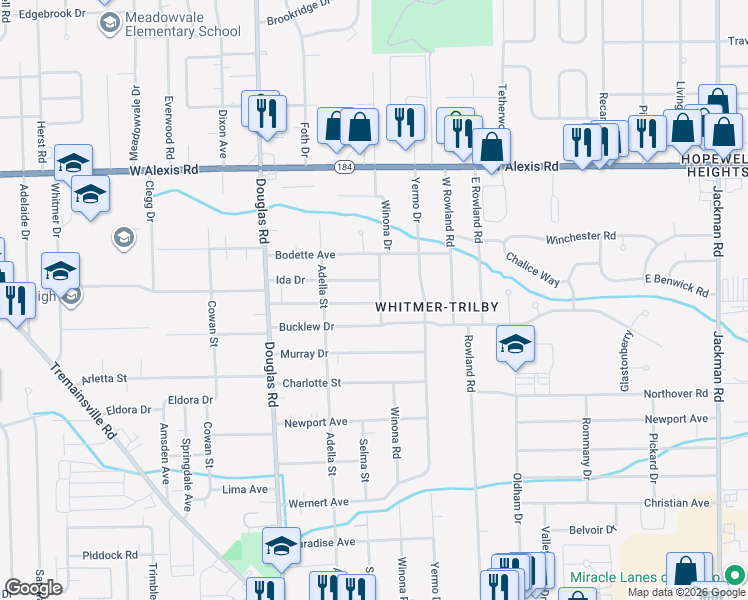 map of restaurants, bars, coffee shops, grocery stores, and more near 2325 Roseview Drive in Toledo