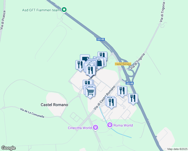 map of restaurants, bars, coffee shops, grocery stores, and more near Via del Ponte di Piscina Cupa in Città Metropolitana di Roma