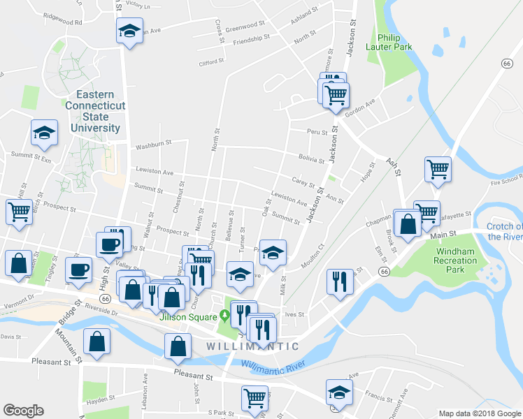 map of restaurants, bars, coffee shops, grocery stores, and more near 75 Summit Street in Windham
