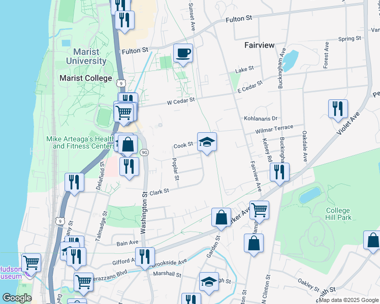 map of restaurants, bars, coffee shops, grocery stores, and more near 34 Adams Street in Poughkeepsie