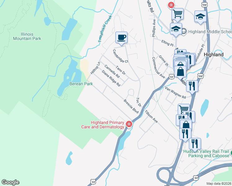 map of restaurants, bars, coffee shops, grocery stores, and more near 31 Brescia Boulevard in Highland