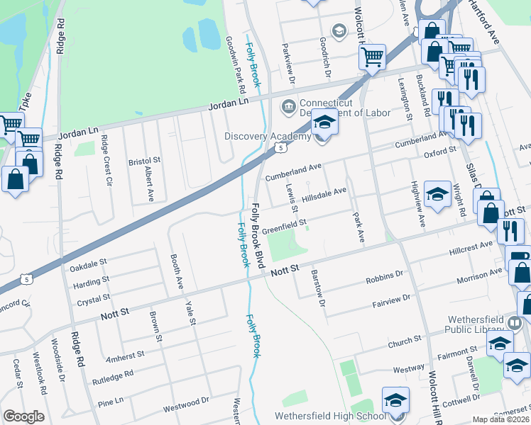 map of restaurants, bars, coffee shops, grocery stores, and more near 321 Folly Brook Boulevard in Wethersfield
