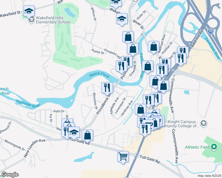 map of restaurants, bars, coffee shops, grocery stores, and more near 600 Providence Street in West Warwick