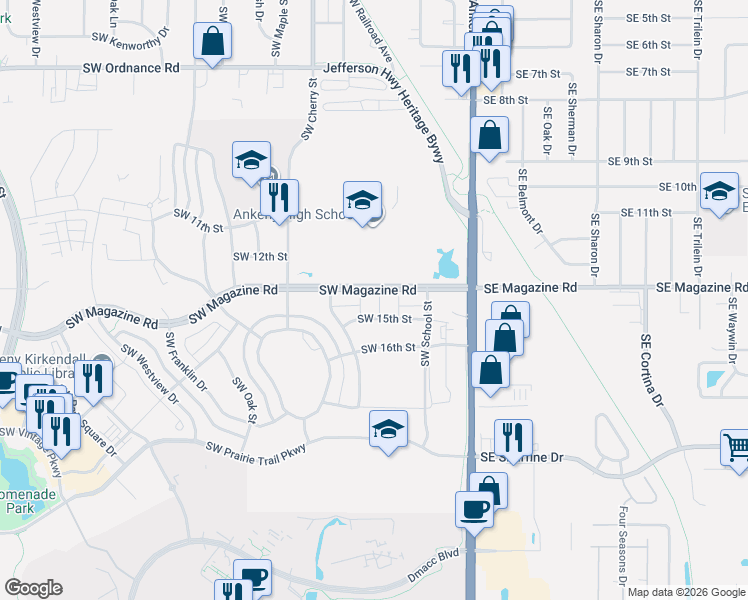 map of restaurants, bars, coffee shops, grocery stores, and more near 1412 Southwest Campus Lane in Ankeny