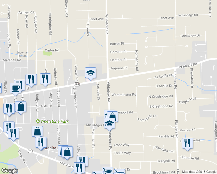 map of restaurants, bars, coffee shops, grocery stores, and more near 5644 Whiteford Road in Sylvania