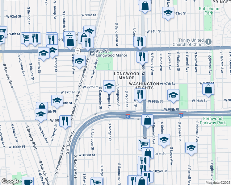 map of restaurants, bars, coffee shops, grocery stores, and more near 9737 South Sangamon Street in Chicago