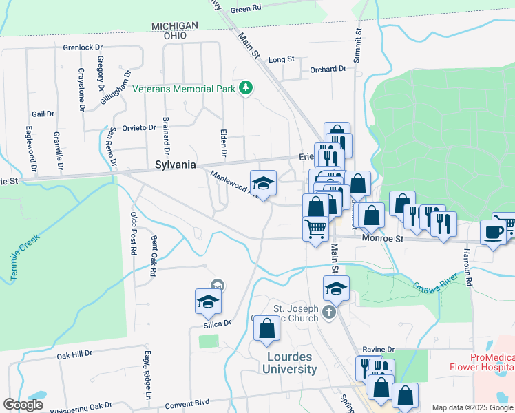 map of restaurants, bars, coffee shops, grocery stores, and more near 6769 Maplewood Avenue in Sylvania