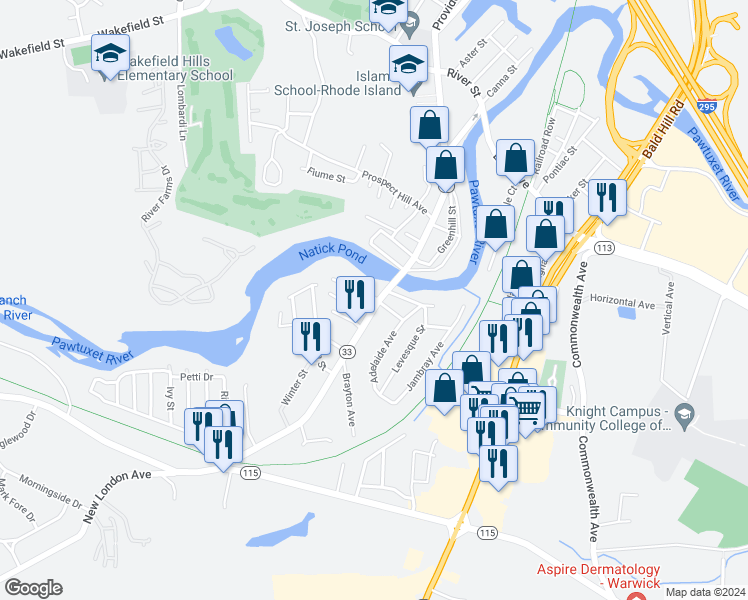 map of restaurants, bars, coffee shops, grocery stores, and more near 582 Providence Street in West Warwick