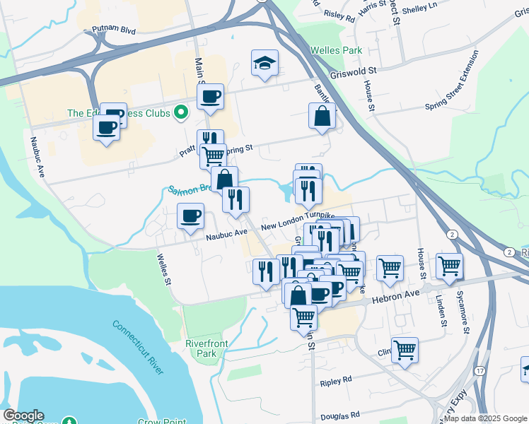 map of restaurants, bars, coffee shops, grocery stores, and more near 20 Crossroads Lane in Glastonbury