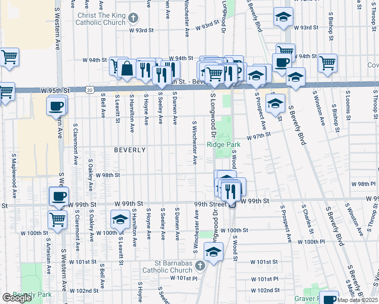 map of restaurants, bars, coffee shops, grocery stores, and more near 9737 South Winchester Avenue in Chicago