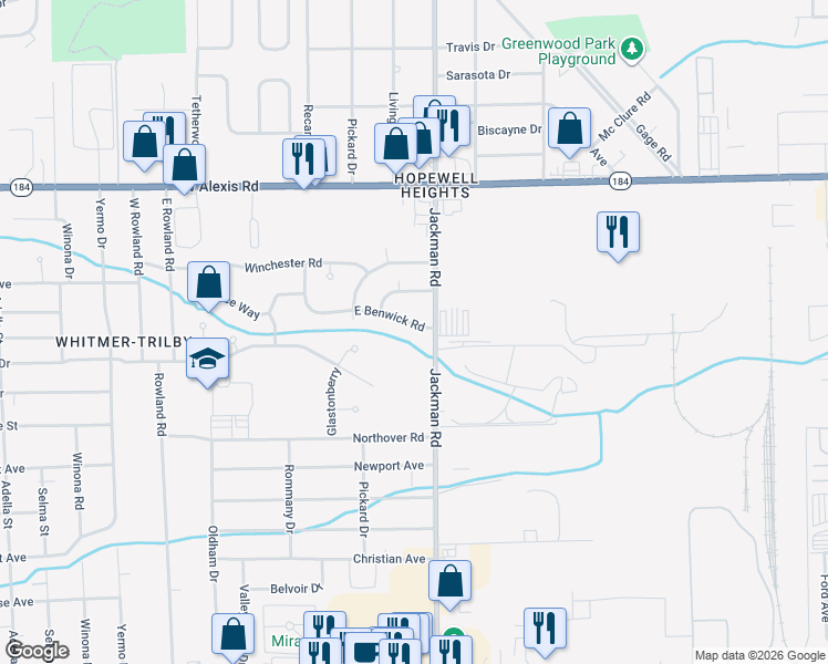 map of restaurants, bars, coffee shops, grocery stores, and more near 1715 East Benwick Road in Toledo