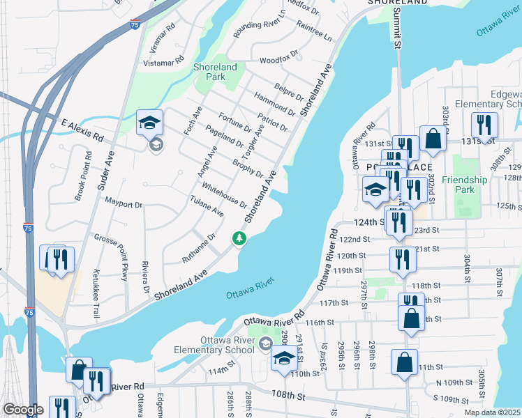 map of restaurants, bars, coffee shops, grocery stores, and more near 2324 Shoreland Avenue in Toledo
