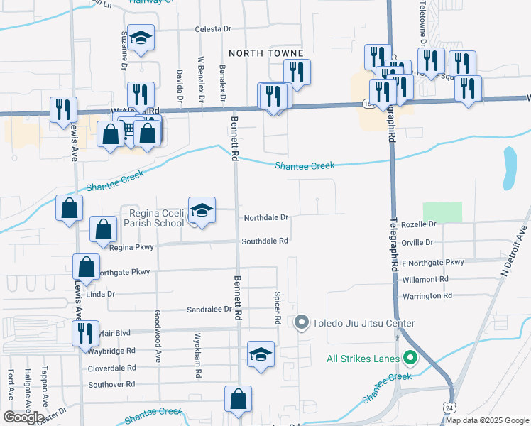 map of restaurants, bars, coffee shops, grocery stores, and more near 414 Northdale Drive in Toledo