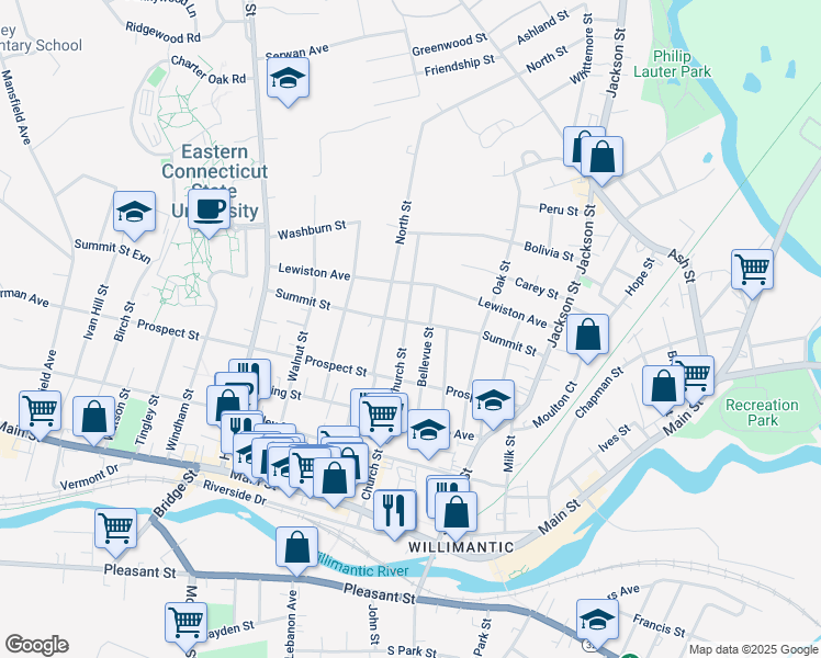 map of restaurants, bars, coffee shops, grocery stores, and more near 193 Church Street in Windham