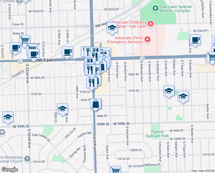 map of restaurants, bars, coffee shops, grocery stores, and more near 9645 Kilpatrick Avenue in Oak Lawn