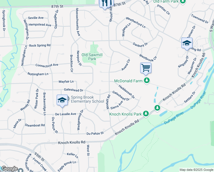 map of restaurants, bars, coffee shops, grocery stores, and more near 2619 Modaff Road in Naperville