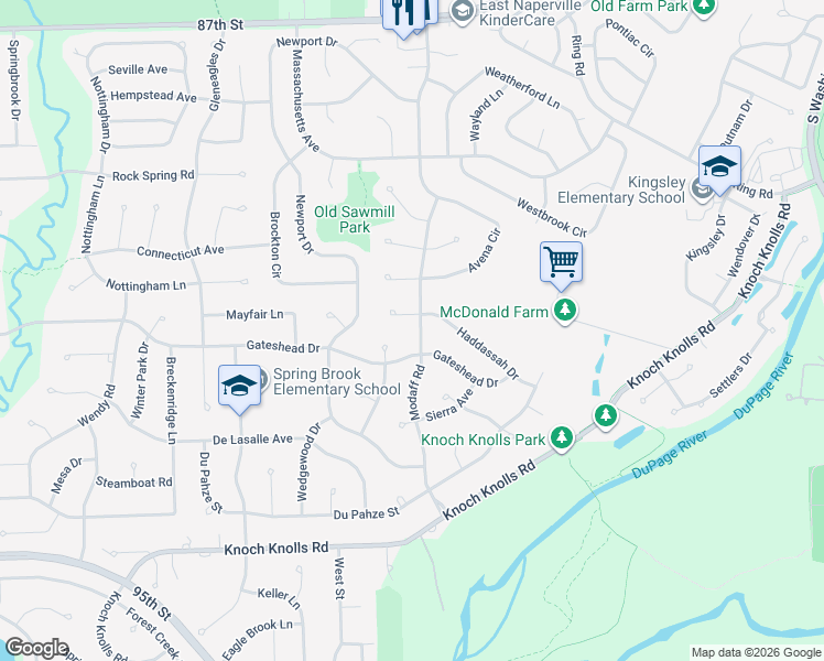 map of restaurants, bars, coffee shops, grocery stores, and more near 405 Gateshead Drive in Naperville