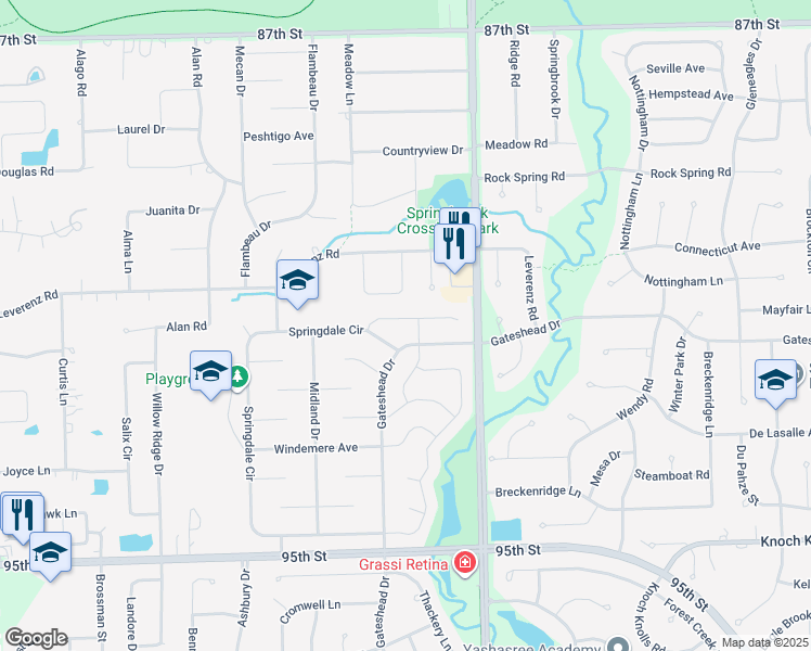map of restaurants, bars, coffee shops, grocery stores, and more near 1213 Gateshead Drive in Naperville
