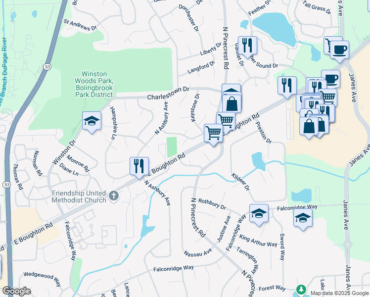 map of restaurants, bars, coffee shops, grocery stores, and more near 586 Miner Drive in Bolingbrook