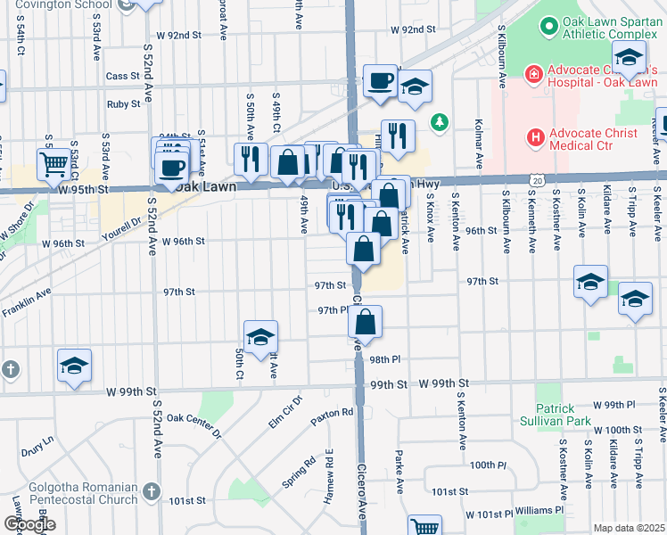 map of restaurants, bars, coffee shops, grocery stores, and more near 4838 West 97th Street in Oak Lawn