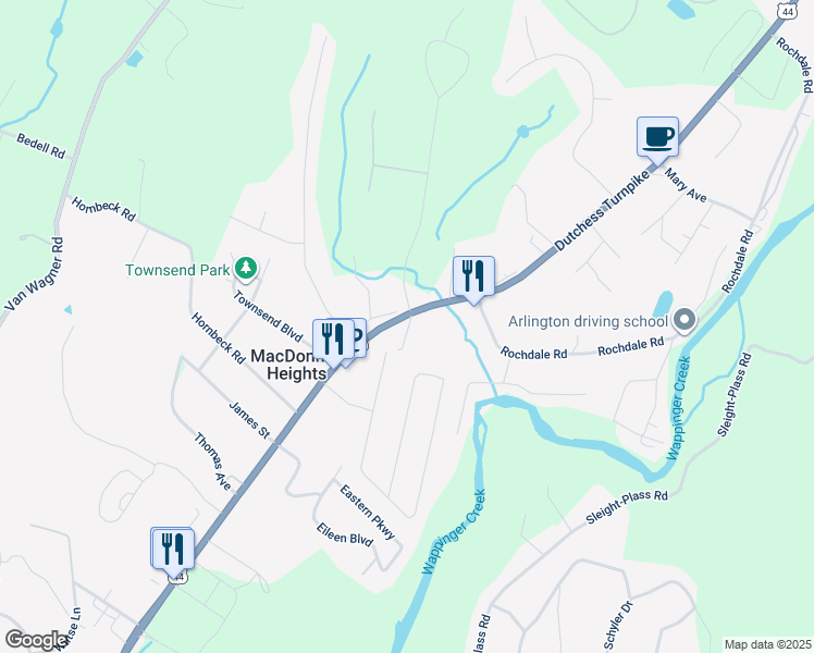 map of restaurants, bars, coffee shops, grocery stores, and more near 14 Whipple Way in Poughkeepsie