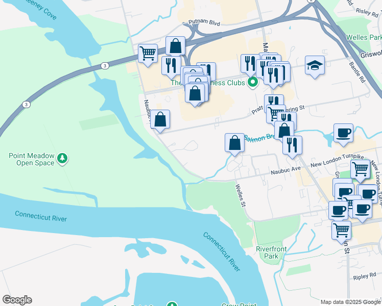 map of restaurants, bars, coffee shops, grocery stores, and more near 46 Kingsbury Lane in Glastonbury