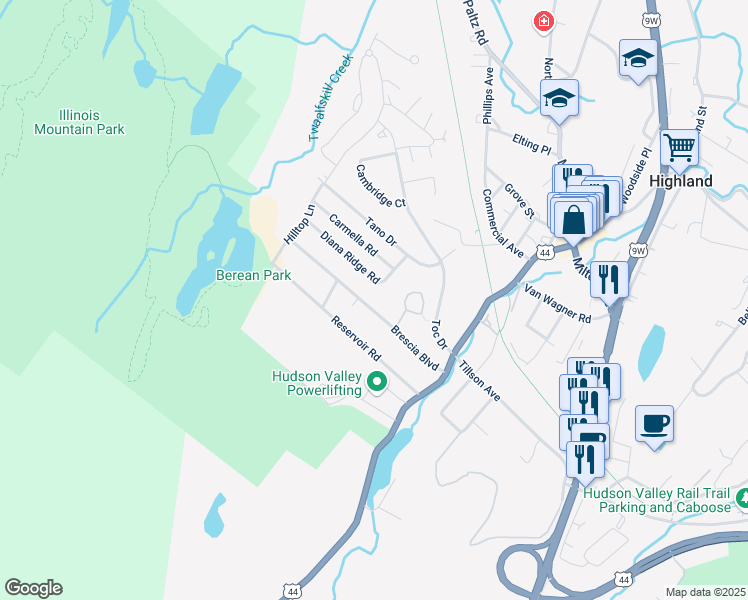 map of restaurants, bars, coffee shops, grocery stores, and more near 25 Brescia Boulevard in Highland