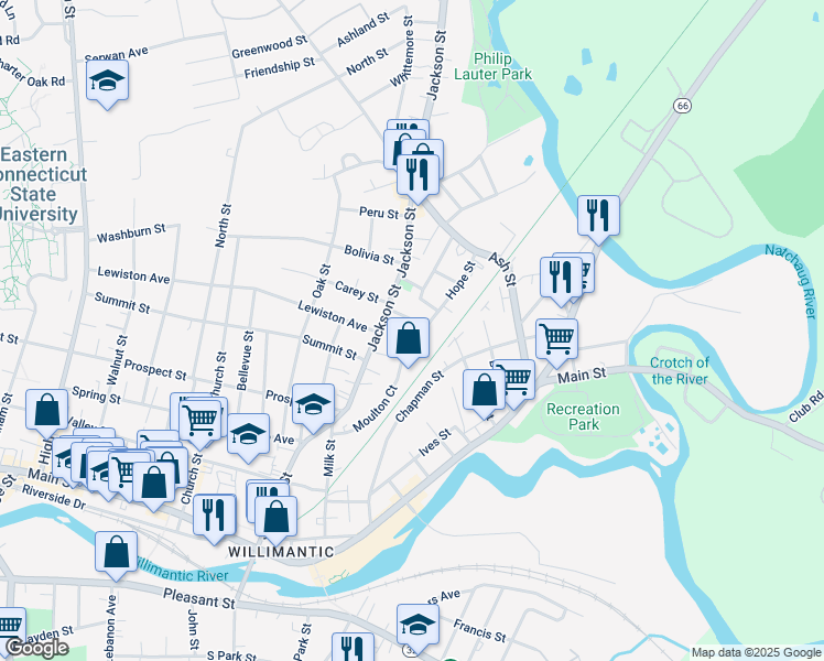 map of restaurants, bars, coffee shops, grocery stores, and more near 120 Hope Street in Windham