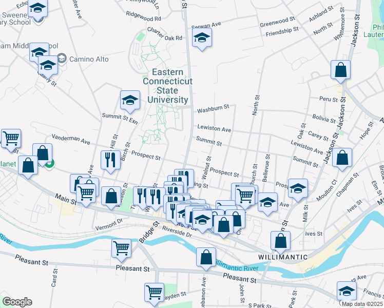 map of restaurants, bars, coffee shops, grocery stores, and more near 289 Prospect Street in Windham