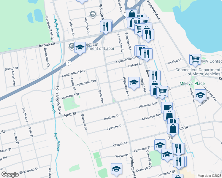 map of restaurants, bars, coffee shops, grocery stores, and more near 183 Wolcott Hill Road in Wethersfield