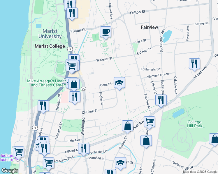 map of restaurants, bars, coffee shops, grocery stores, and more near 34 Adams Street in Poughkeepsie