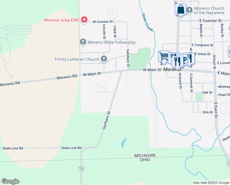 map of restaurants, bars, coffee shops, grocery stores, and more near 340 Gorham Street in Morenci