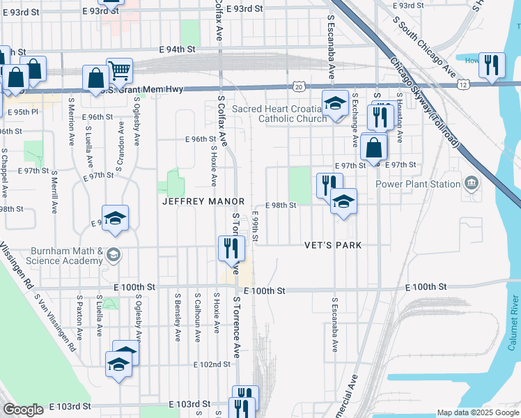 map of restaurants, bars, coffee shops, grocery stores, and more near 9822 South Marquette Avenue in Chicago