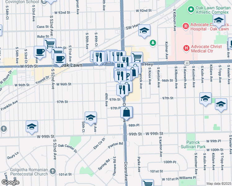 map of restaurants, bars, coffee shops, grocery stores, and more near 4838 West 97th Street in Oak Lawn