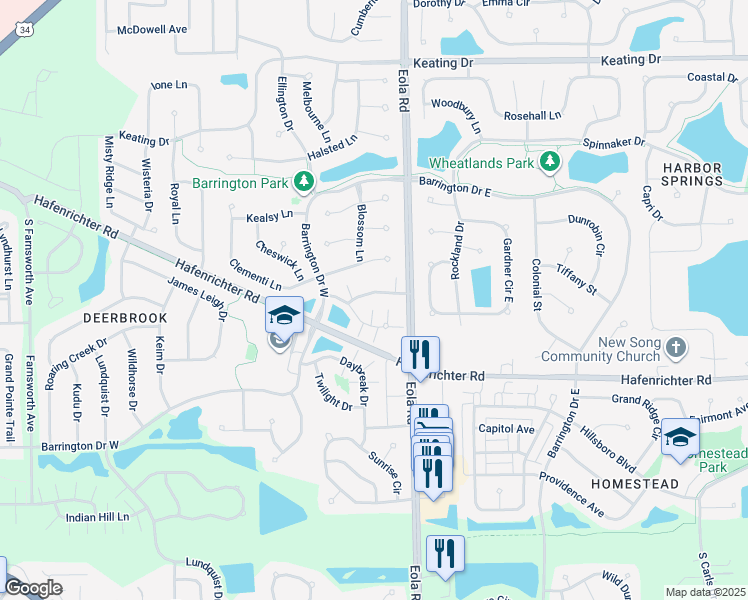 map of restaurants, bars, coffee shops, grocery stores, and more near 2426 Oakfield Court in Aurora