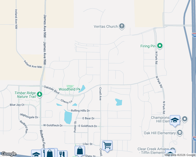 map of restaurants, bars, coffee shops, grocery stores, and more near Oakdale Boulevard in Tiffin