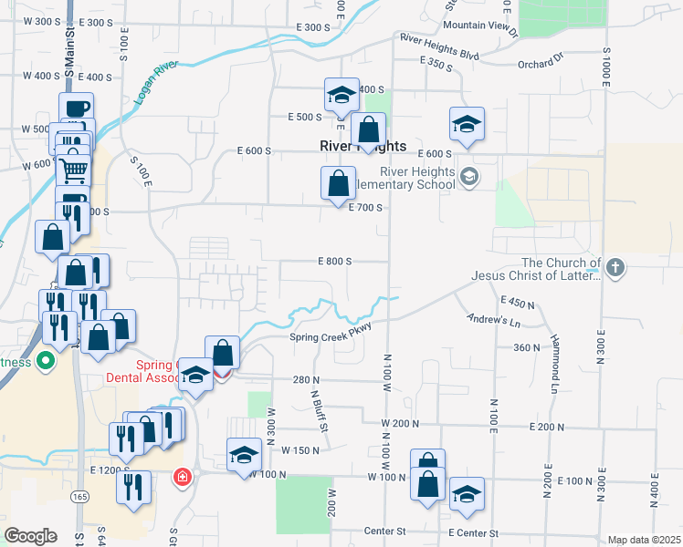 map of restaurants, bars, coffee shops, grocery stores, and more near 821 South 525 East in River Heights