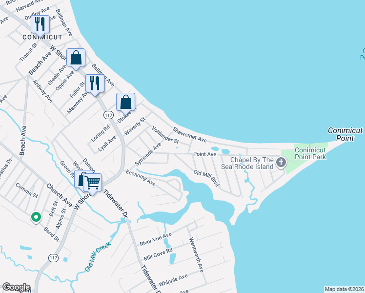map of restaurants, bars, coffee shops, grocery stores, and more near 282 Point Avenue in Warwick