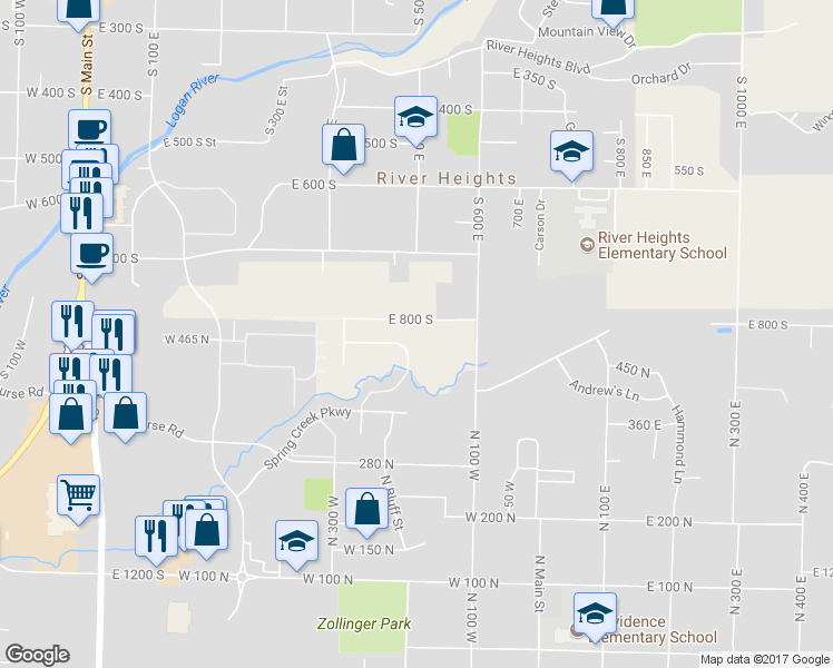 map of restaurants, bars, coffee shops, grocery stores, and more near 821 South 525 East in River Heights